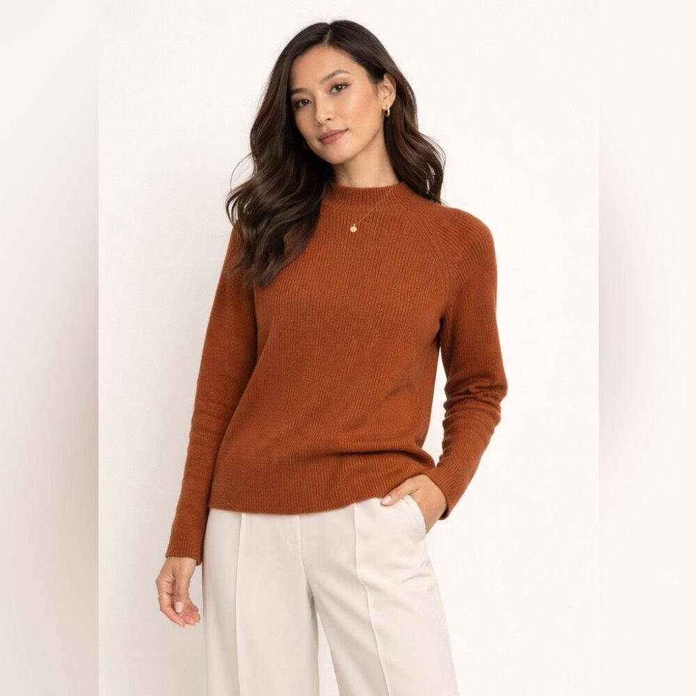 Eileen Fisher Brown Crewneck Sweater Rib Knit Organic Cotton Silk Blend XXS